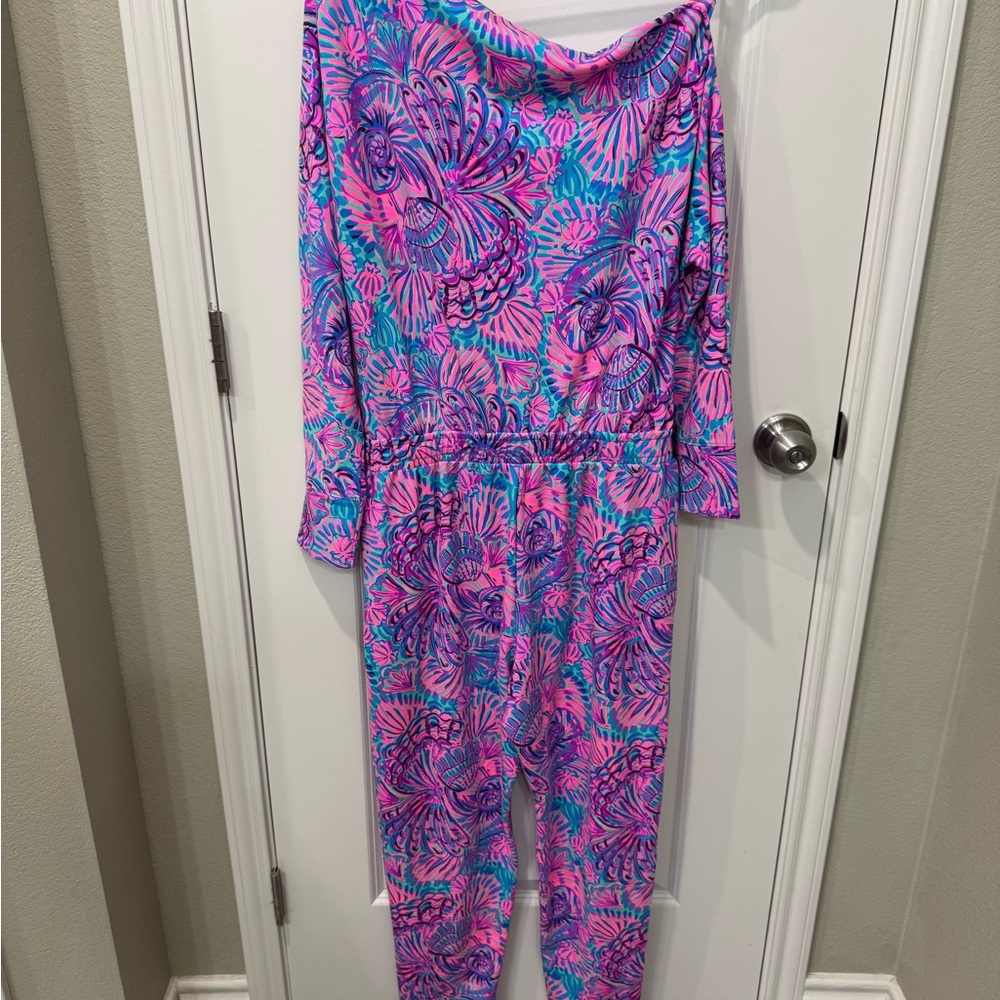 🌼 Lilly Pulitzer Sheera One-Shoulder Jumpsuit – Turquoise Oasis Shellidoscope - Picture 9 of 10
